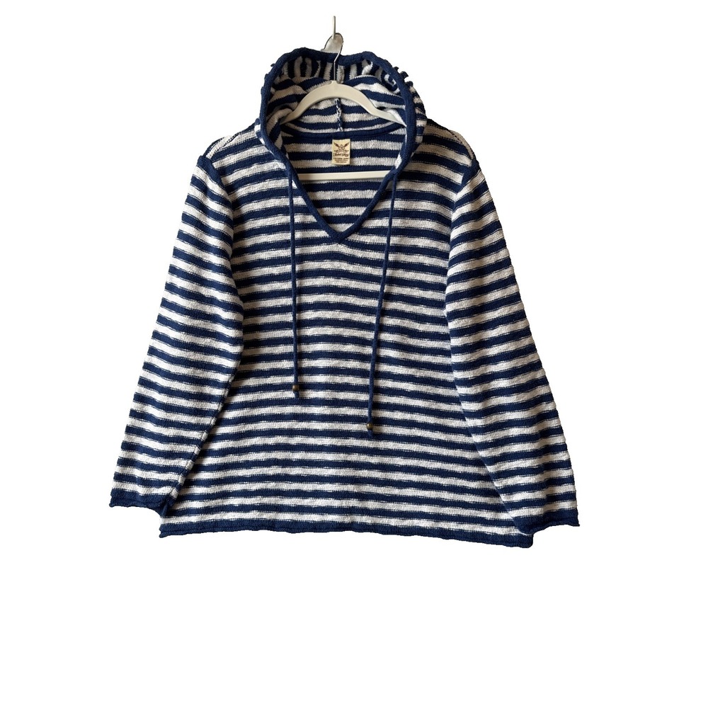 Faded Glory Woven Blue White Striped Hoodie Pullover 2X Coastal Beach‎ Nautical